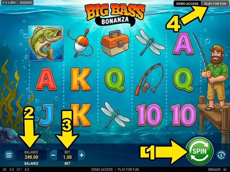 big bass bonanza play interface on desktop with spin button, bet controls, balance and demo to real money switch